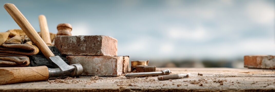 A variety of construction tools, bricks, and materials are arranged on a wooden workbench under clear skies, suggesting an active building project. - Powered by Adobe