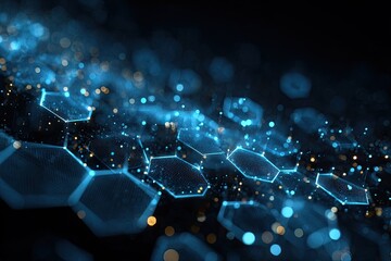 Abstract depiction of glowing blue and gold hexagonal pattern on a black backdrop