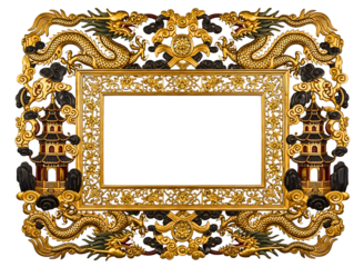 Ornate golden dragon and pagoda frame isolated on transparent background