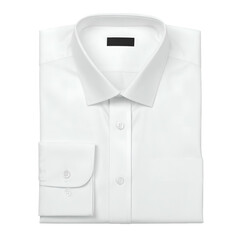The pristine white formal shirt is neatly folded with a classic collar, buttoned cuffs, and a buttoned placket, showcasing a professional, clean design against a stark black background.