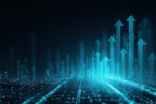 Futuristic graphic showing an upward trend with glowing blue arrows emerging from a blurred city - Powered by Adobe