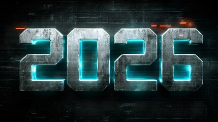 Metallic design of the number 2026 with glowing neon blue accents and a digital sci-fi style