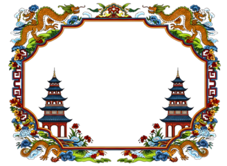 Ornate golden dragon and pagoda frame isolated on transparent background