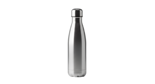 Stainless steel water bottle isolated on transparent background for travel use