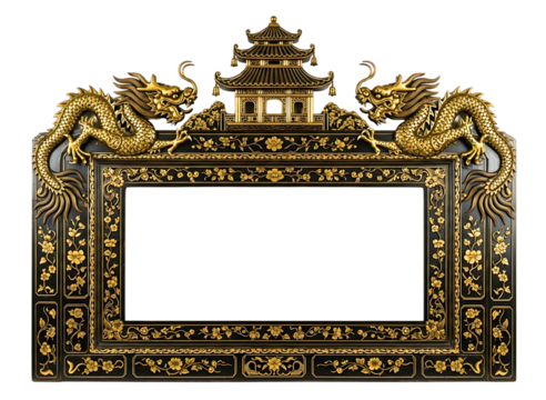Ornate golden dragon and pagoda frame isolated on transparent background