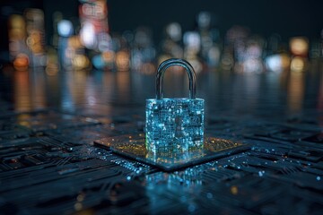 Digital security concept depicting an illuminated padlock over a circuit board with city lights bokeh