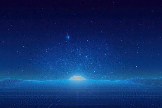 Abstract digital scene of a horizon, grid, and glowing orb with a starry blue backdrop