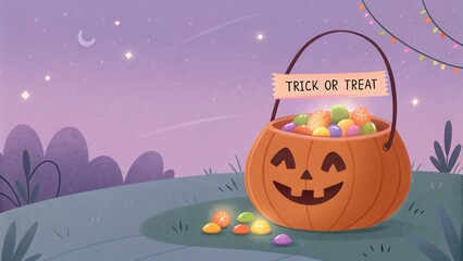 Spooky Halloween Night with Pumpkin Basket Filled with Colorful Candy on a Starry Sky and Creepy Shadows Around