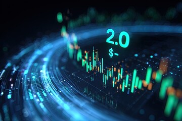 Digital financial data representation with green and blue abstract light trails and a price display