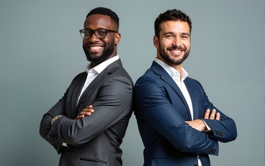 Two successful multicultural businesspeople standing back to back, arms crossed. High quality