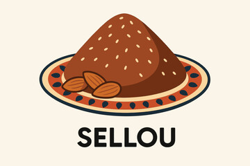 Flat, minimal illustration of Sellou featuring central arrangement: small mound of sellou, almonds, sesame seeds, decorative plate. Bold text Sellou underneath. Solid flat colors, smooth edges, no gra