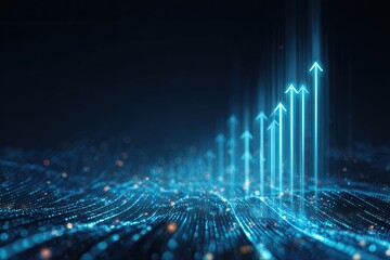 Abstract image showing glowing arrows pointing upwards, symbolizing growth and progress, on a dark background