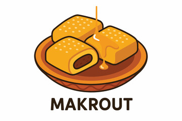 Flat, minimal illustration of Makrout with multiple elements centrally arranged: semolina pieces, honey drizzle, date filling, decorative plate. Bold text Makrout underneath. Solid flat colors, smooth