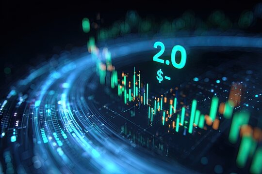 Digital financial data representation with green and blue abstract light trails and a price display