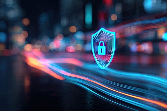 Neon security shield with a lock hovers above a blurred cityscape at night