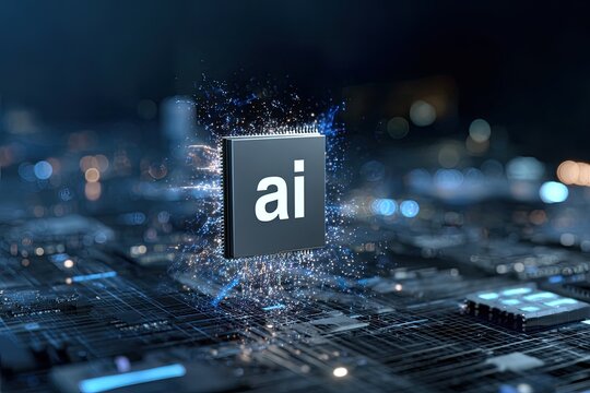 Futuristic depiction of an AI chip emitting energy bursts, set on an illuminated circuit board