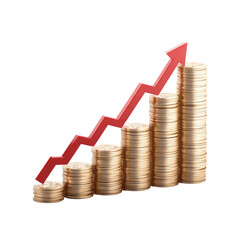 Rising growth coins and arrow on transparent background