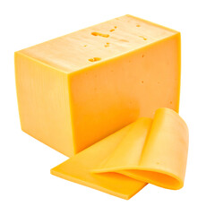 Slices of golden yellow dairy product, featuring a block alongside neatly arranged folded layers against a stark black backdrop, highlighting the food's texture and inviting appearance, creating a...