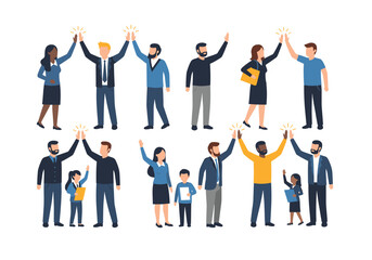 A group of diverse people celebrating success together with high fives.