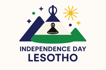 Flat, minimal illustration for Independence Day – Lesotho featuring multiple elements arranged centrally: stylized Basotho hat (Mokorotlo), Lesotho national flag motifs,