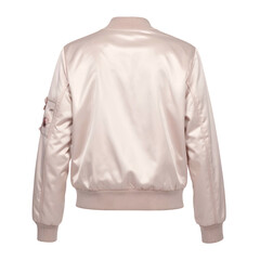 The back view showcases a stylish, light pink bomber jacket with a satin-like texture, featuring ribbed cuffs and hem, a classic collar design, and a pocket embellishment on the sleeve, all set...