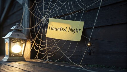 Spooky Lantern and Sticky Note in Spider Web on Haunted Night Atmosphere with Dark Wooden Background