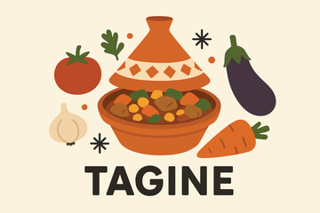 Flat, minimal illustration of Tagine featuring central arrangement: tagine pot, stew ingredients, vegetables, decorative elements. Bold text Tagine underneath. Solid flat colors, smooth edges, no grad