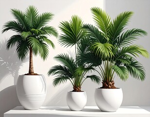 Three potted palm trees against a white backdrop