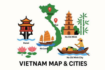 Vietnam Map and City Landmarks Illustration