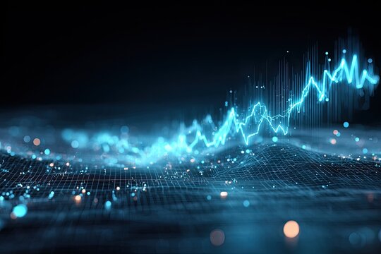 A futuristic digital landscape with vibrant blue waveforms surging across a glowing grid