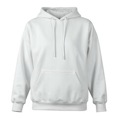 A clean, isolated image showcases a blank white hooded sweatshirt, presented against a solid black background, highlighting its casual style with drawstring detail and a front pocket design.