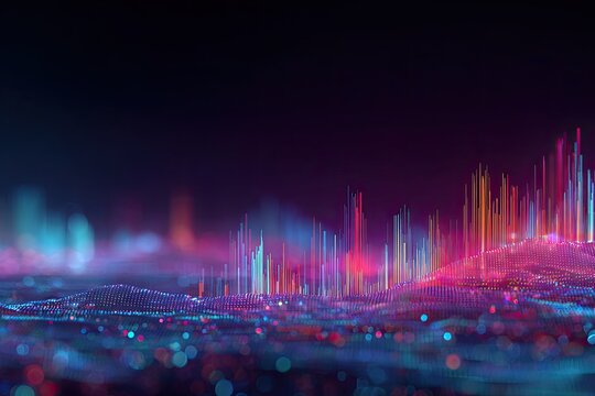 Abstract digital cityscape of data visualization with glowing, vibrant particle-like structures