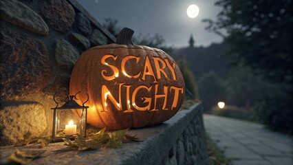 Spooky Pumpkin Display with Glowing Carvings Illuminated by Lantern Under Full Moon in Autumn Landscape