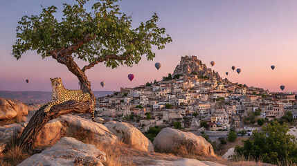 Cheetah in nature scene with cheetah, nature, landscape, sunrise, castle, hot air balloons, pink sky, tree branch, view, wildlife
