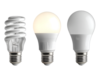  generate three images of light bulbs, each representing different styles and sizes for lighting in the home. the first bulb is an incandescent bulb with a white background
