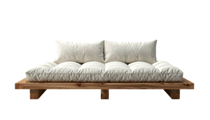 Elegant and minimalist  style image depicts a wooden sofa bed with soft, off-white cushions and pillows set against a stark black background, illustrating modern furniture design.