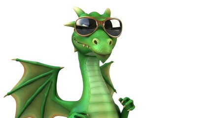 Obraz premium Cool green dragon character wearing sunglasses, funny mythical creature mascot, 3D cartoon dragon isolated on white background