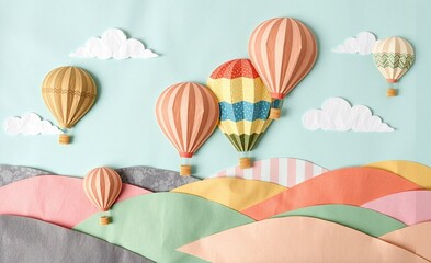 Naklejka premium Colorful hot air balloons crafted from paper float gently above soft pastel hills under a clear blue sky with fluffy white clouds.