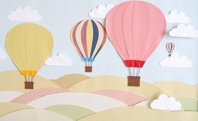 Fototapeta premium Whimsical paper hot air balloons in pastel shades float gracefully above rolling hills and fluffy clouds under a soft blue sky.