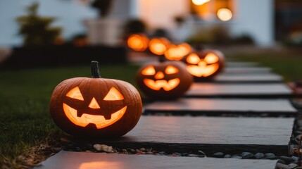 Glowing Halloween Pumpkins Lining a Pathway with Warm Lights and Autumn Decor in a Festive Outdoor Setting