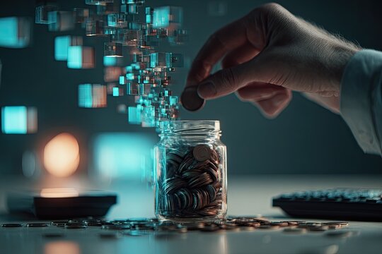 A hand dropping a coin into a glass jar. Digital blocks float above the jar, representing data