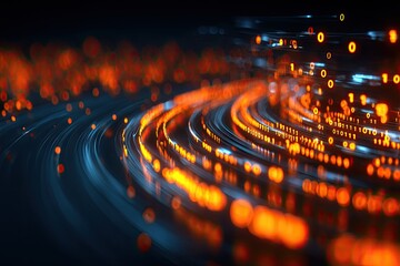 Abstract artwork featuring a vibrant orange stream of data, curving against a dark blue backdrop