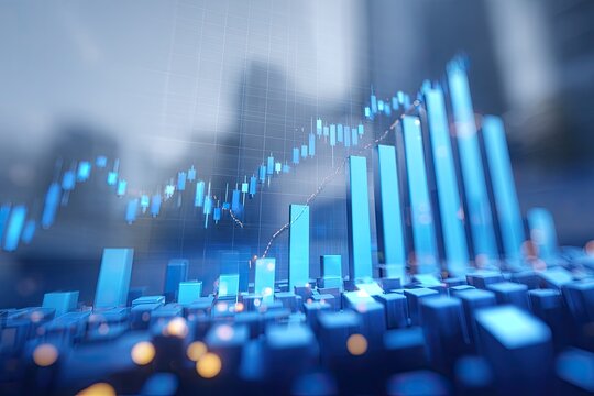 Graphic representing financial growth with blue bar charts and candlestick patterns
