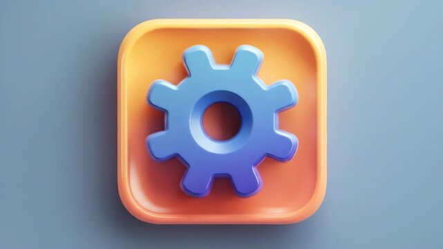 Glossy blue 3D gear icon centered on a soft orange rounded square, against a smooth blue background