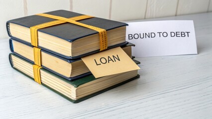 Stacked Notebooks with Loan Card and Bound to Debt Sign, Symbolizing Financial Obligations and Responsibility in Modern Life