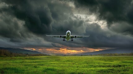 Aircraft takes flight under a dramatic, stormy sky, showcasing a vast expanse of green grassland below.