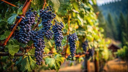 Lush bunches of dark grapes hang heavily on vines, showcasing a bountiful harvest in a sun-drenched vineyard.