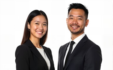 Portrait of two businesspeople looking at the camera against a white background. High quality