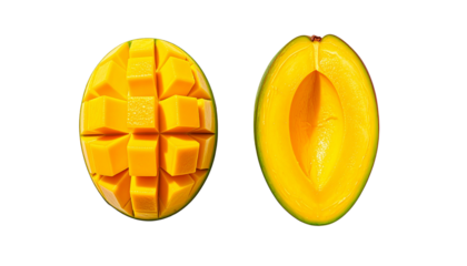 Ripe mango and mango cubes isolated on transparent background