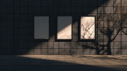 Three blank framed pictures mounted on a tiled wall are highlighted by sunlight, with a tree casting a prominent shadow, creating an intriguing interplay of light and shade in the urban setting.